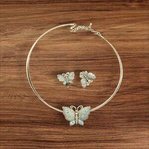 Butterfly Necklace  Clip-On‎ Earrings Set  Silver Tone Rhinestones Jewelry vtg